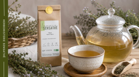 Infusion de thym BIO pour la rhinite avec théière, tasse et plante médicinale fraîche - Herboristerie Sensathé